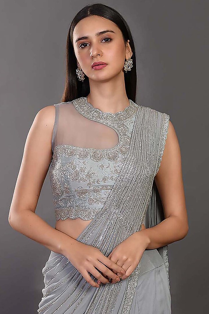 Grey Embroidered Pant Party Wear Saree Set by Onaya at Pernia's Pop Up Shop