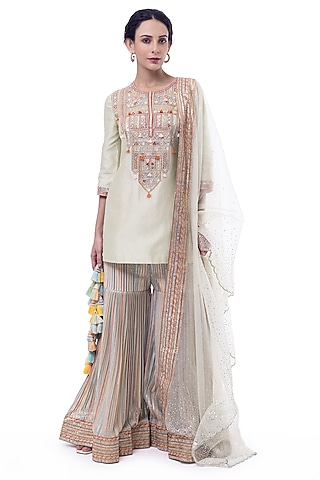 Pista Green Chanderi Pinstripe Gharara Set by Onaya