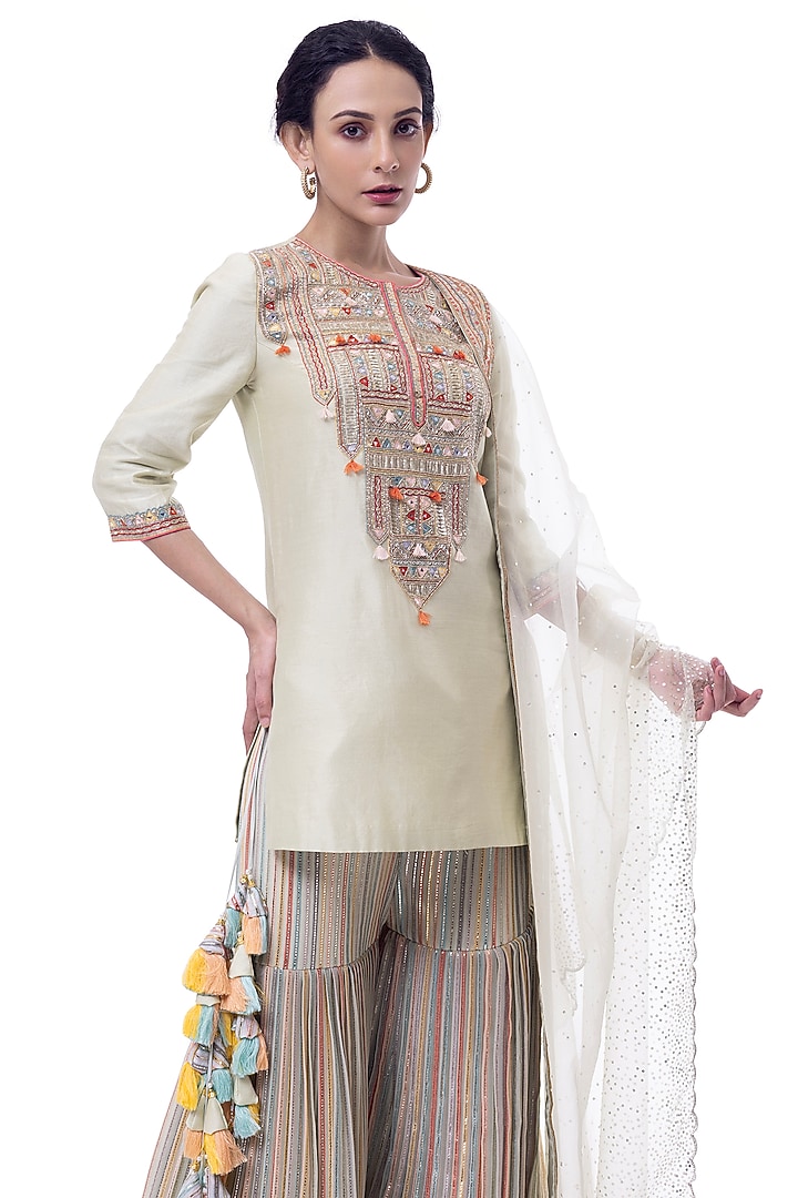 Pista Green Chanderi Pinstripe Gharara Set by Onaya at Pernia's Pop Up Shop