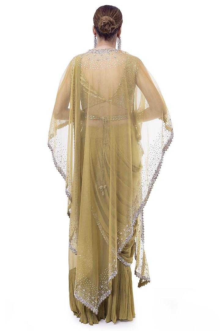 Sage Georgette Draped Party Wear Saree Set by Onaya at Pernia's Pop Up Shop