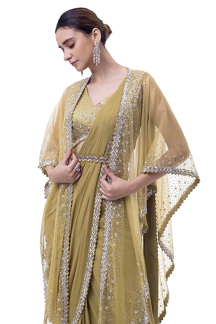 Sage Georgette Draped Party Wear Saree Set by Onaya at Pernia's Pop Up Shop