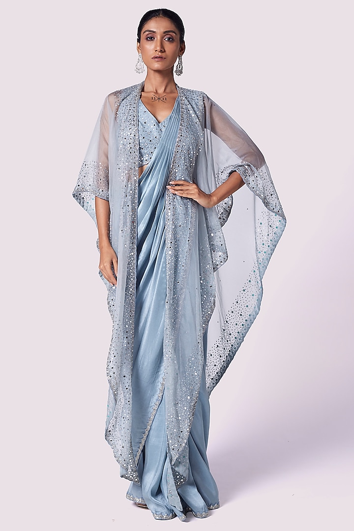 Doctor Blue Silk Draped Jacket Saree Set by Onaya