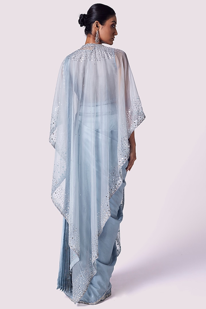 Doctor Blue Silk Draped Jacket Party Wear Saree Set by Onaya at Pernia's Pop Up Shop
