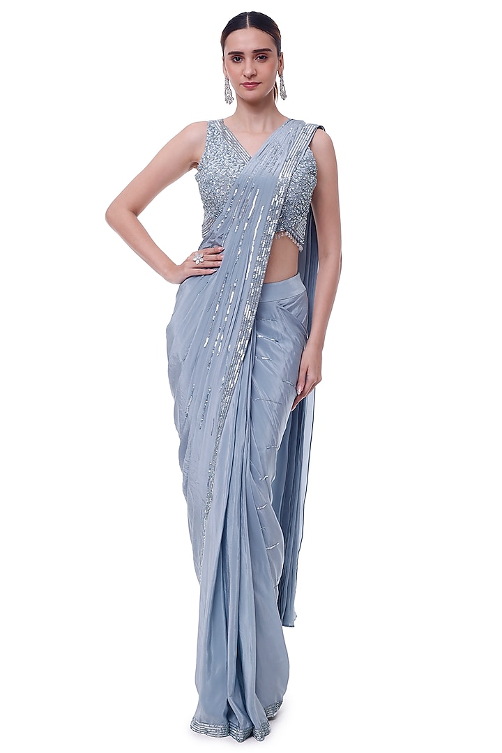Doctor Blue Crepe Draped Party Wear Saree Set by Onaya at Pernia's Pop Up Shop