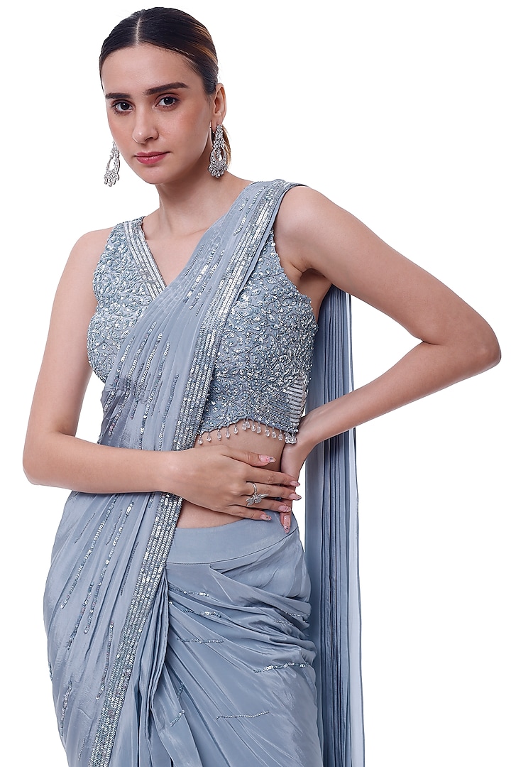 Doctor Blue Crepe Draped Party Wear Saree Set by Onaya at Pernia's Pop Up Shop