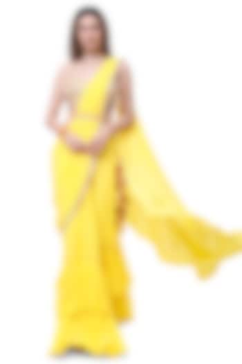 Yellow Georgette Ruffled Sharara Draped Saree Set by Onaya