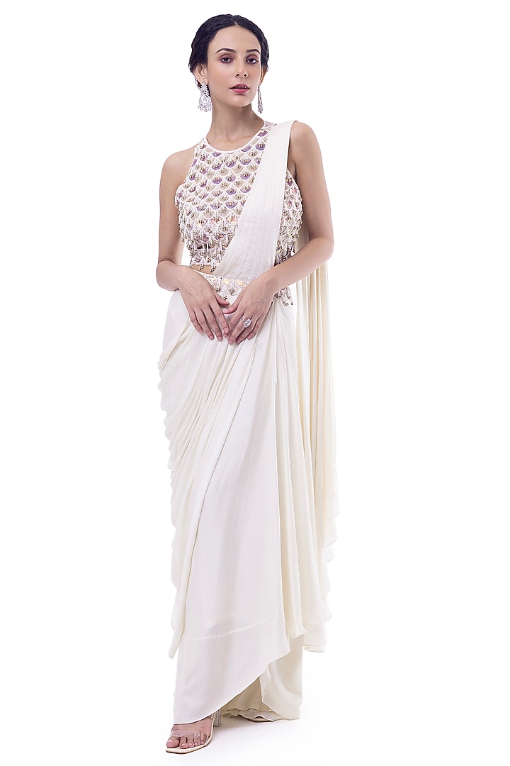 Off-White Muga Silk Draped Party Wear Saree Set by Onaya at Pernia's Pop Up Shop