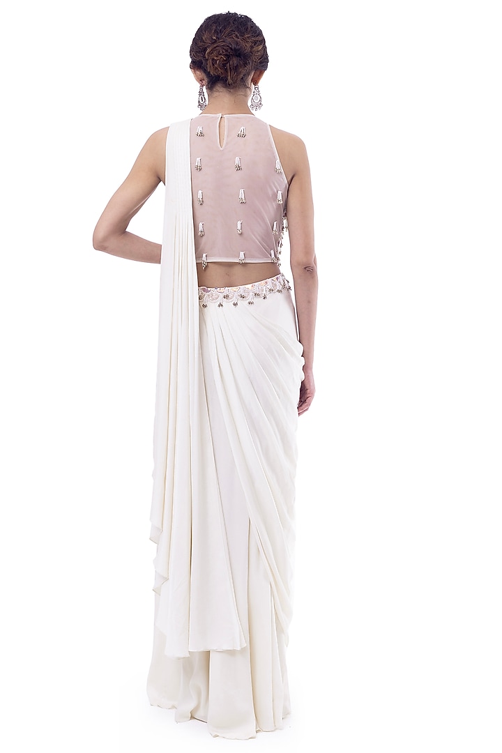 Off-White Muga Silk Draped Party Wear Saree Set by Onaya at Pernia's Pop Up Shop