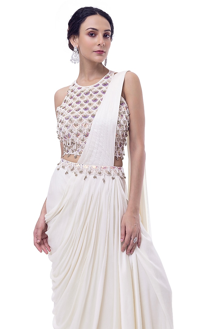 Off-White Muga Silk Draped Party Wear Saree Set by Onaya at Pernia's Pop Up Shop