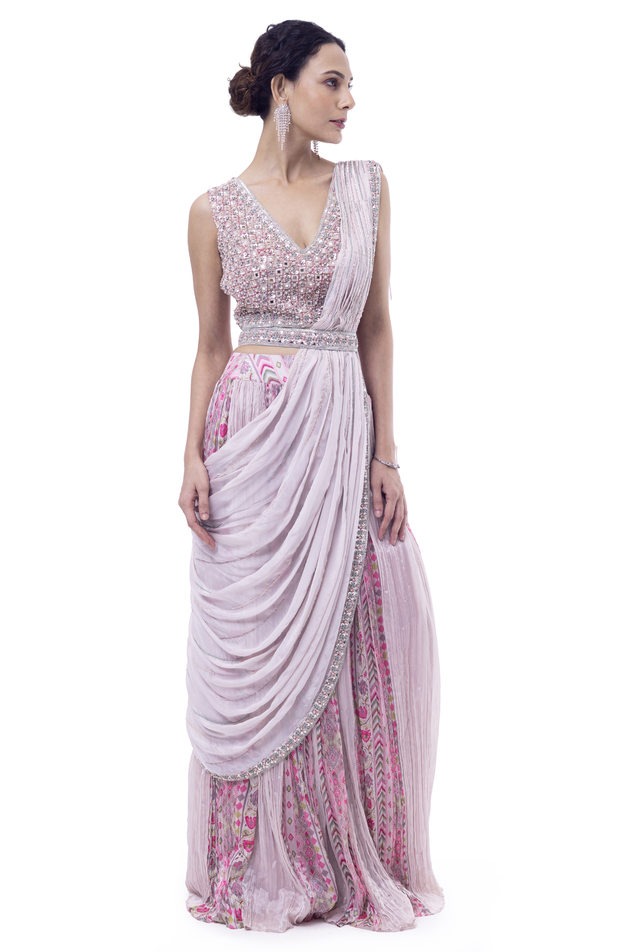 Multi-Colored Chiffon Printed Draped Saree Set by Onaya