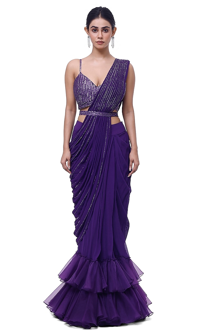 Violet Georgette Ruffled Draped Saree Set by Onaya at Pernia's Pop Up Shop