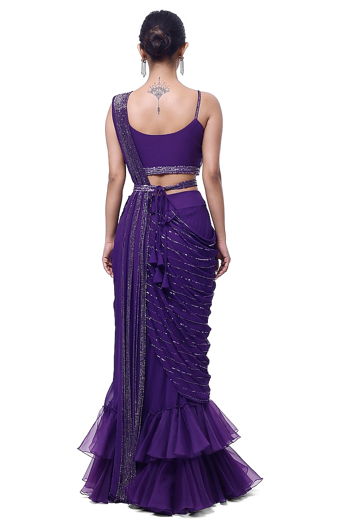 Violet Georgette Ruffled Draped Party Wear Saree Set by Onaya at Pernia's Pop Up Shop