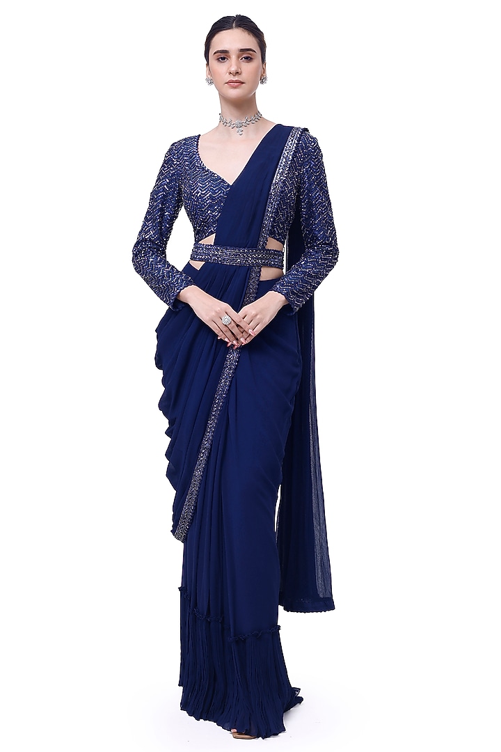 Royal Blue Georgette Draped Party Wear Saree Set by Onaya at Pernia's Pop Up Shop