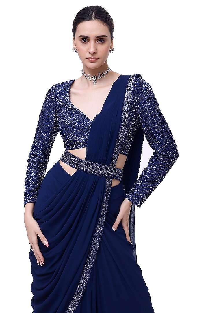 Royal Blue Georgette Draped Party Wear Saree Set by Onaya at Pernia's Pop Up Shop