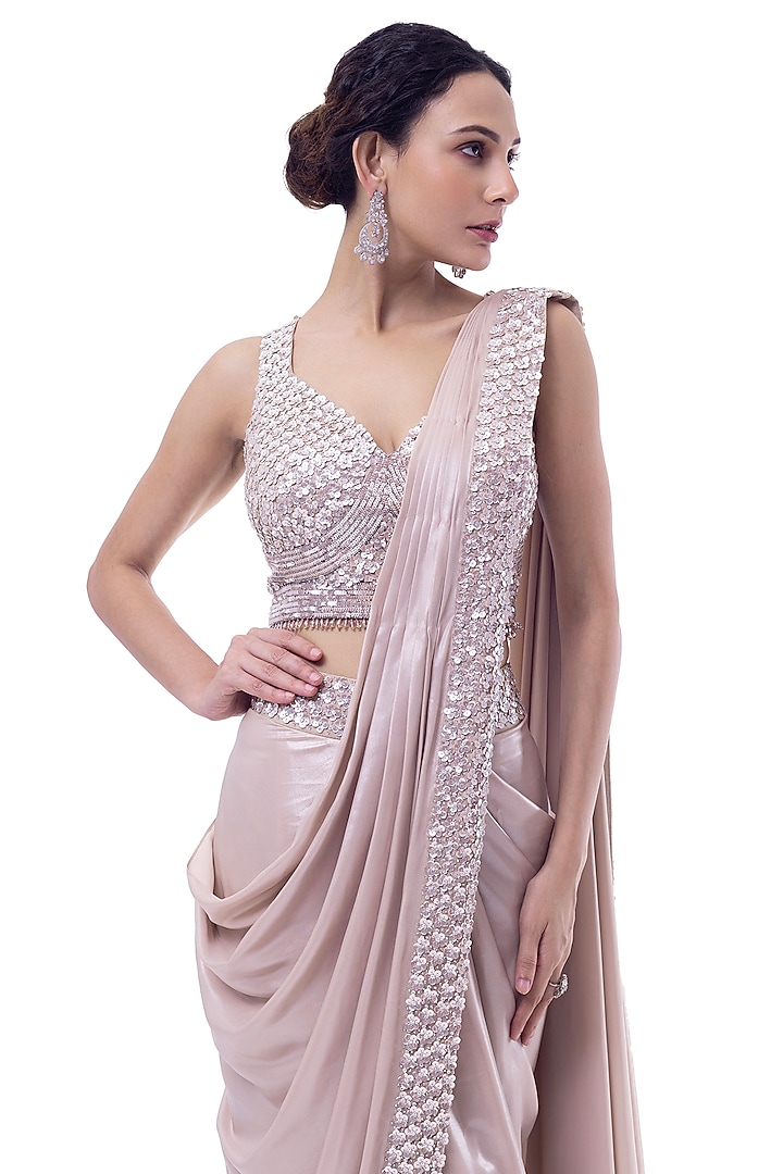 Beige Lurex Cutdana Embellished Draped Party Wear Saree Set by Onaya at Pernia's Pop Up Shop