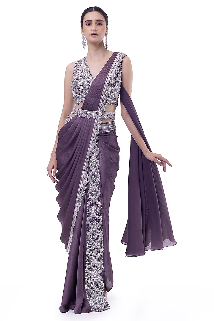 Mauve Satin Dabka Embellished Draped Saree Set by Onaya