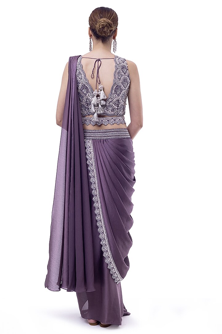Mauve Satin Dabka Embellished Draped Wedding Saree Set by Onaya at Pernia's Pop Up Shop
