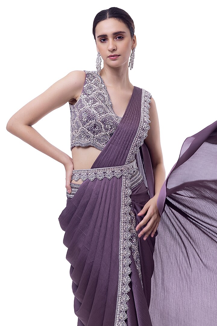 Mauve Satin Dabka Embellished Draped Wedding Saree Set by Onaya at Pernia's Pop Up Shop