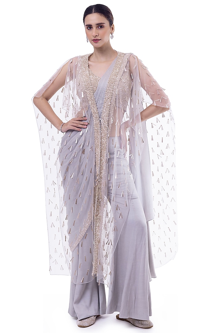 Grey Muga Silk Cutdana Embellished Draped Pant Saree Set by Onaya