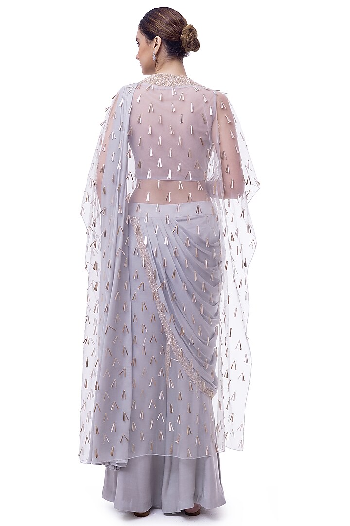Grey Muga Silk Cutdana Embellished Draped Pant Wedding Saree Set by Onaya at Pernia's Pop Up Shop