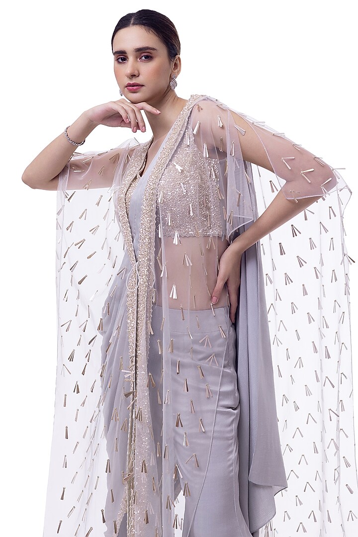 Grey Muga Silk Cutdana Embellished Draped Pant Wedding Saree Set by Onaya at Pernia's Pop Up Shop