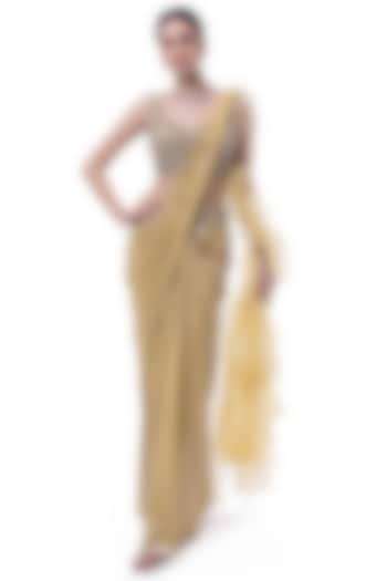 Mustard Lurex Sequins Embellished Draped Saree Set by Onaya