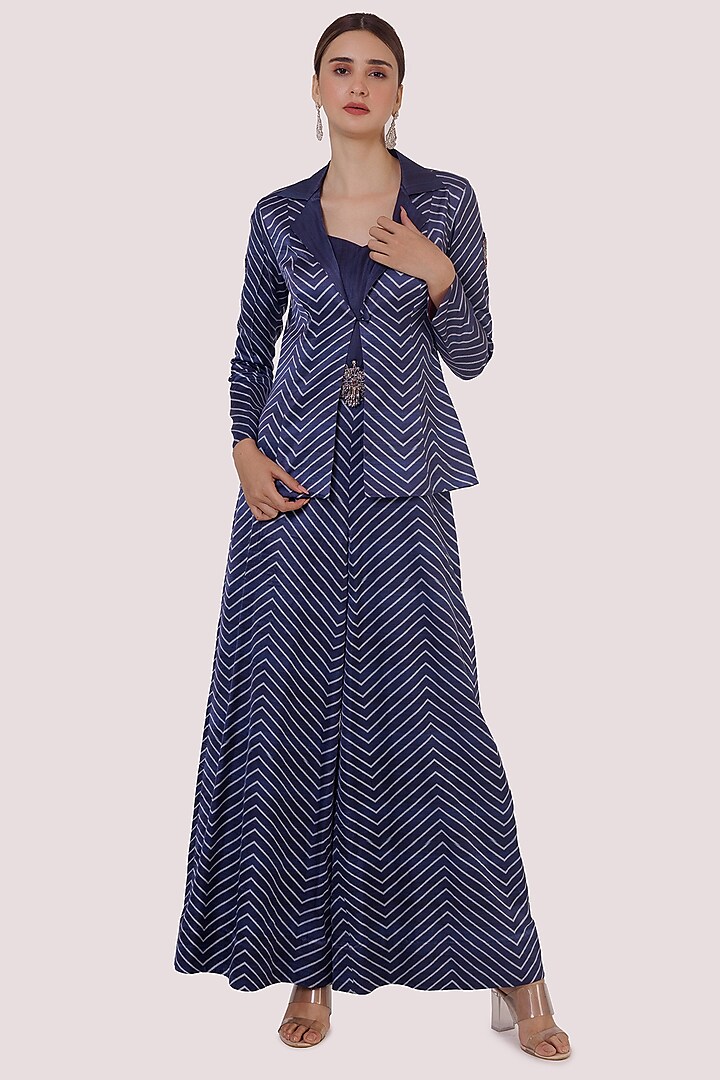 Blue Satin Printed & Cutdana Work Jumpsuit With Jacket by Onaya