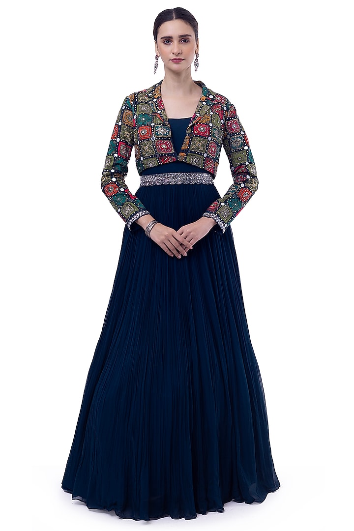 Blue Georgette & Silk Embellished Gown With Jacket by Onaya