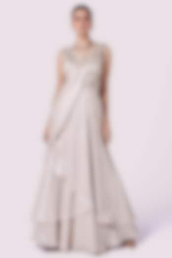 Beige Lurex Lycra Resham Embellished Layered Gown by Onaya