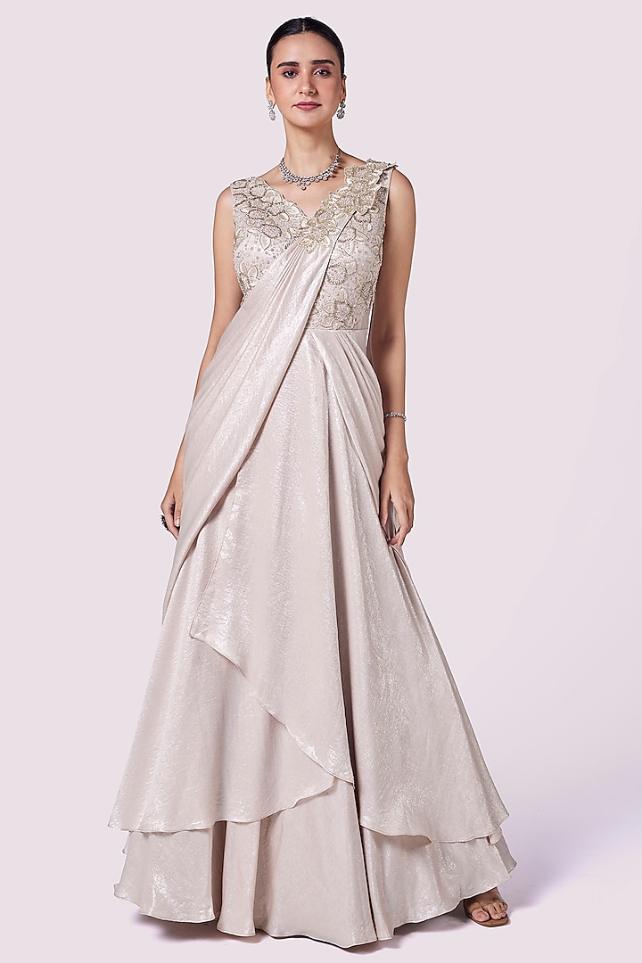 Beige Lurex Lycra Resham Embellished Layered Gown by Onaya