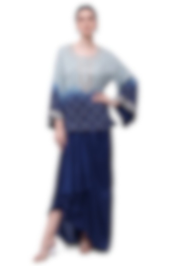 Navy Blue Silk Pleated Skirt Set by Onaya