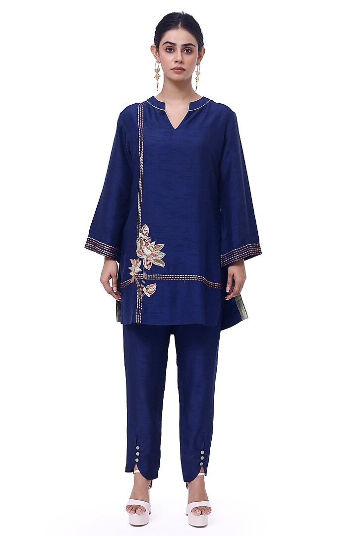 Navy Blue Mysore Silk Resham Work Tunic Set by Onaya