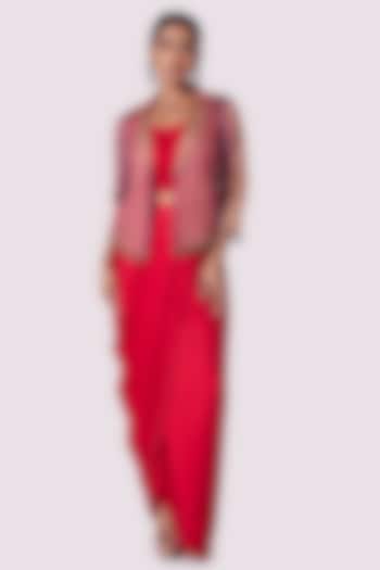 Red Satin Draped Skirt Set by Onaya