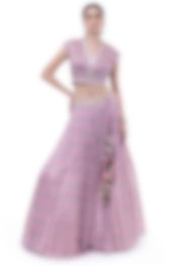 Pink Chiffon Printed & Cutdana Embellished Skirt Set by Onaya