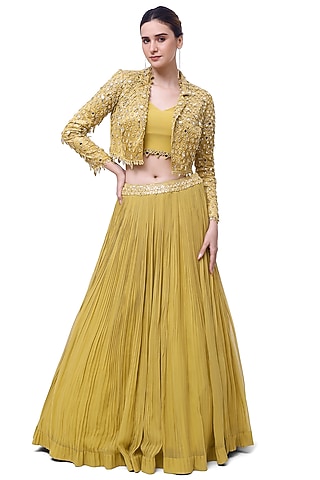 Pista Green Georgette A-Line Pleated Skirt Set by Onaya