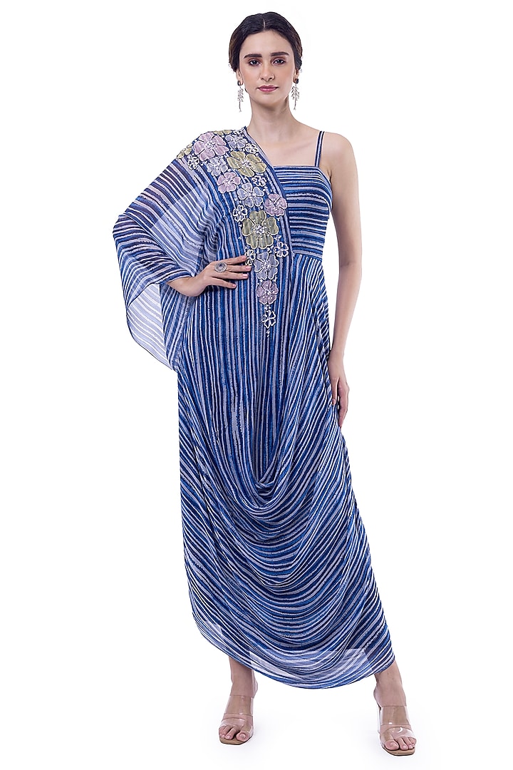 Blue Georgette Cutdana Embellished Striped Draped Kurta by Onaya