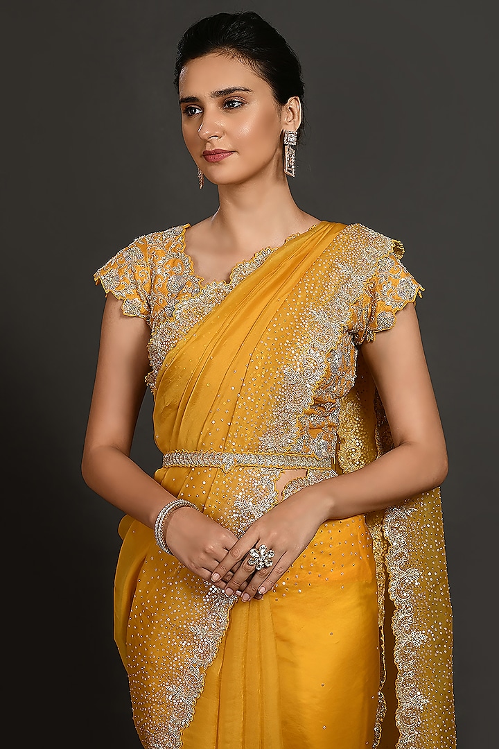 Mustard Embroidered Party Wear Saree Set With Belt by Onaya at Pernia's Pop Up Shop