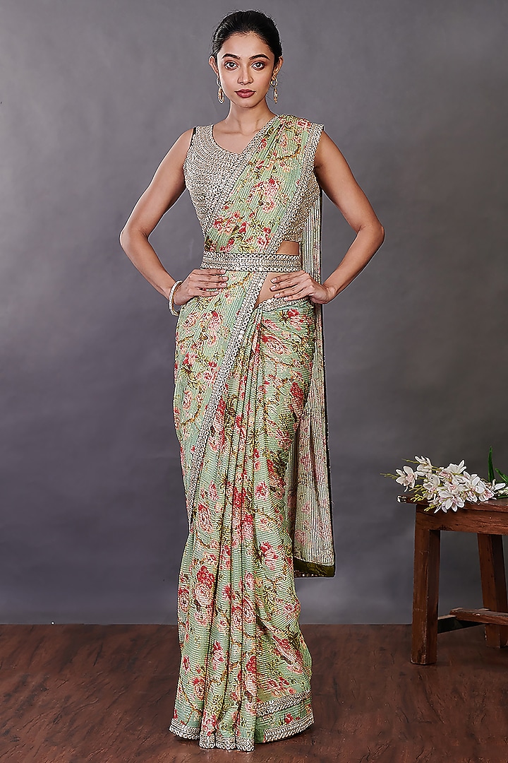 Multi-Colored Floral Printed Saree Set by Onaya