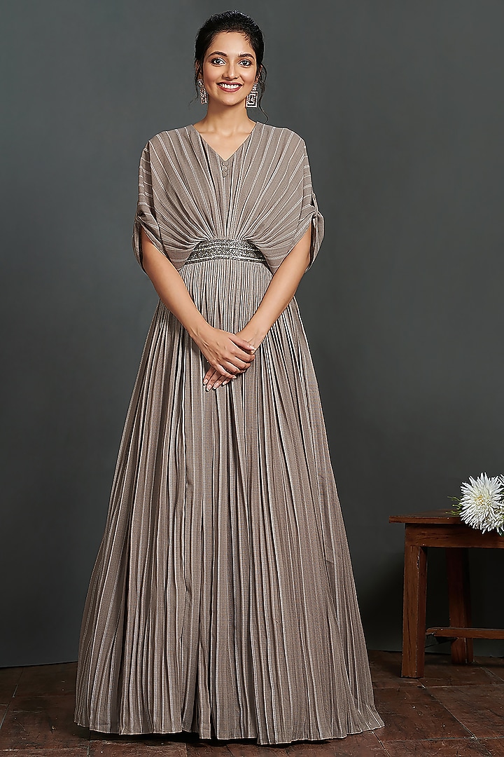 Copper Grey Cotton Pleated Gown by Onaya