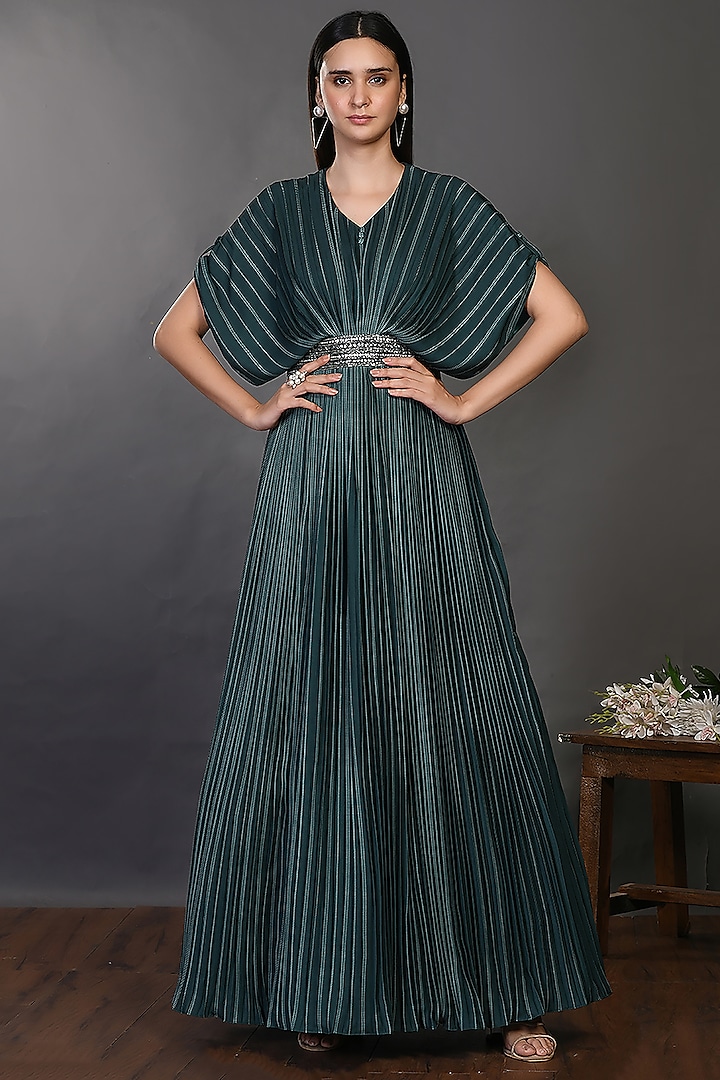 Bottle Green Cotton Pleated Gown by Onaya