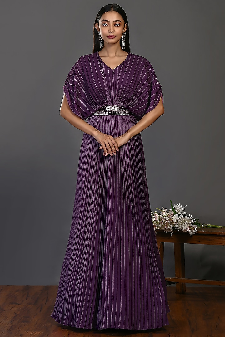 Purple Cotton Pleated Gown by Onaya