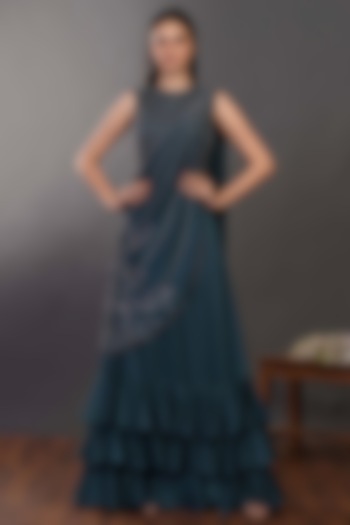 Dark Green Satin Draped Skirt Saree Set by Onaya