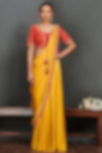 Mustard Satin Draped Saree Set by Onaya