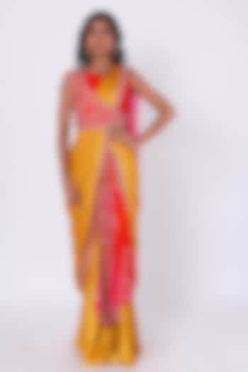 Mustard Satin Cutdana Embroidered Skirt Saree Set by Onaya