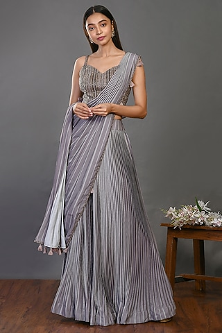 Grey Embroidered Pant Saree Set by Onaya