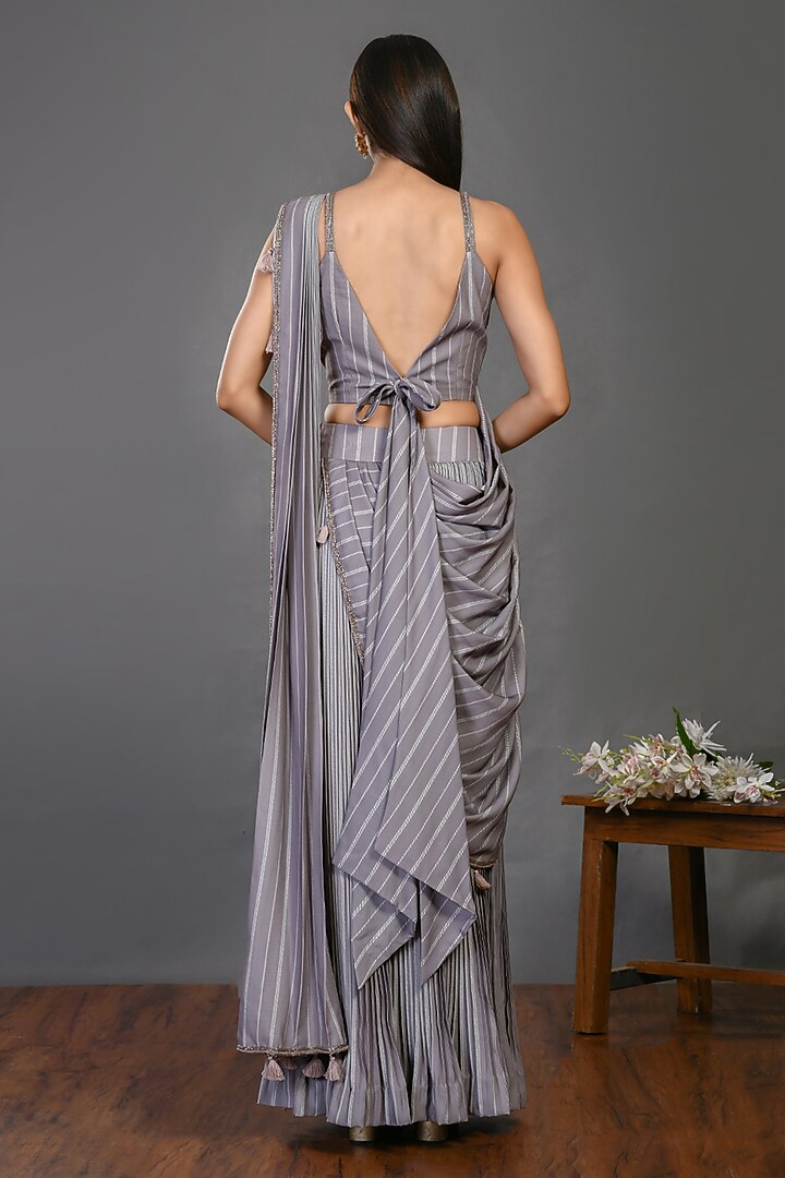 Grey Embroidered Pant Party Wear Saree Set by Onaya at Pernia's Pop Up Shop