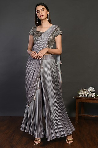 Grey Embroidered Pant Saree Set by Onaya