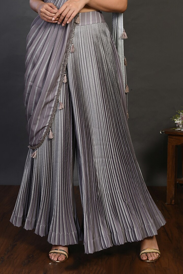 Grey Embroidered Pant Party Wear Saree Set by Onaya at Pernia's Pop Up Shop