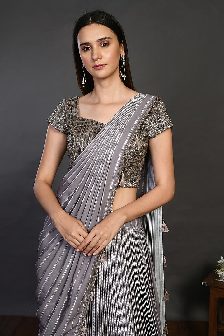 Grey Embroidered Pant Party Wear Saree Set by Onaya at Pernia's Pop Up Shop