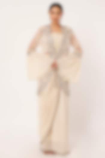 Off-White Georgette Embroidered Saree Set by Onaya